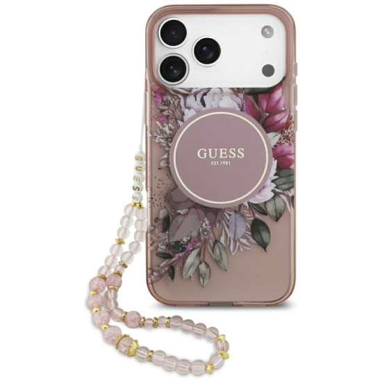 Guess IML Flowers Allover Strap MagSafe Θήκη για iPhone 17 Pro Max - Ροζ Apple Θήκες Κινητών
