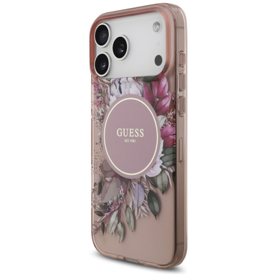 Guess IML Flowers Allover Strap MagSafe Θήκη για iPhone 17 Pro Max - Ροζ Apple Θήκες Κινητών