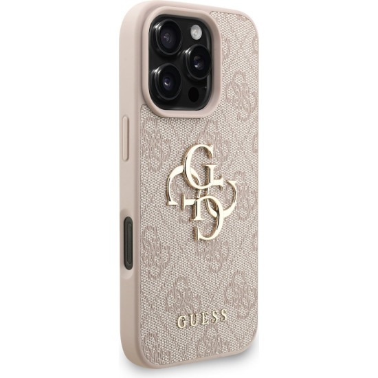 Guess PU 4G Metal Logo με Strap Σκληρή Θήκη Πλάτης για iPhone 16 Pro Max - Ροζ Apple Θήκες Κινητών