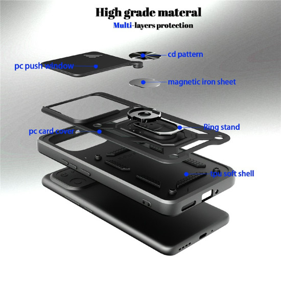 For Realme 16 Pro+ 5G Case with Slide Camera Lid PC + TPU Kickstand Phone Cover - Black Oppo Realme Cases Mobile