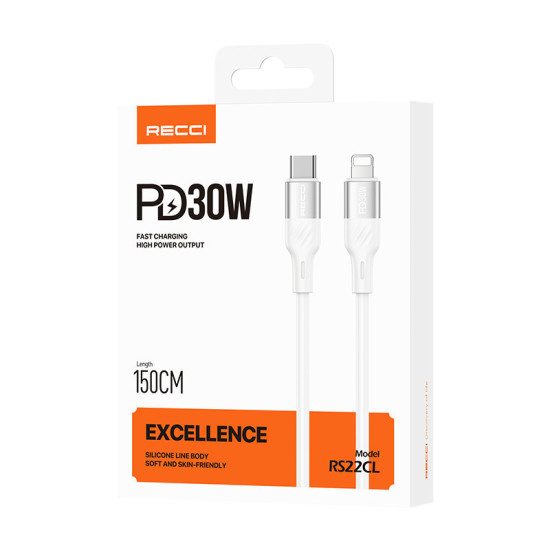 RECCI RS22CL - PD30W Fast Charging Excellence Silicone C To Lightning Data Cable 1.5M - White Cables Adapters & Chargers