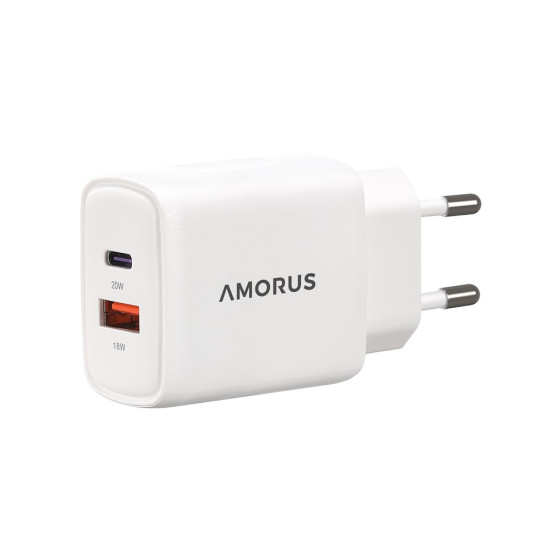 AMORUS PD 20W USB-C + 18W USB-A Fast Charging Wall Charger Dual Port Smart Power Adapter, EU Plug - White Cables Adapters & Chargers