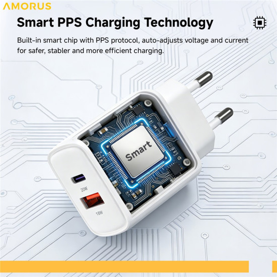 AMORUS PD 20W USB-C + 18W USB-A Fast Charging Wall Charger Dual Port Smart Power Adapter, EU Plug - White Cables Adapters & Chargers