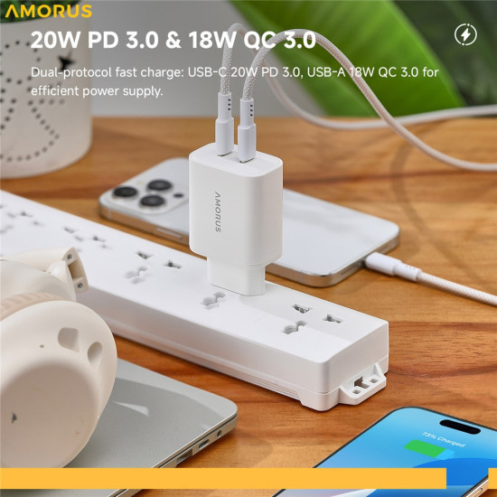 AMORUS PD 20W USB-C + 18W USB-A Fast Charging Wall Charger Dual Port Smart Power Adapter, EU Plug - White Cables Adapters & Chargers
