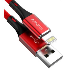 AAMORUS 2.4A Aluminium Alloy Cotton Cloth Braided Lightning 8Pin Charging Data Cable for iPhone iPad iPod - Red