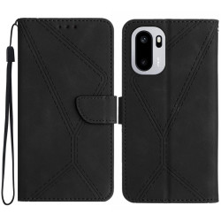 For OnePlus 15R 5G Case Skin Touch Lines Imprinted PU Leather Flip Phone Cover - Black