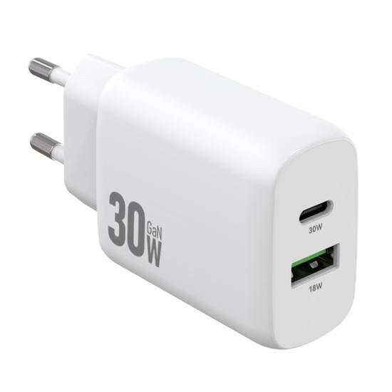 AMORUS PD 30W GaN USB-A Type-C Dual Port Adapter Phone Tablet Fast Charging Wall Charger - White Cables Adapters & Chargers