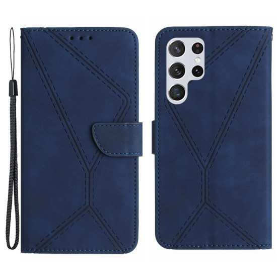HT05 For Samsung Galaxy S24 Ultra Case Imprinted PU Leather Viewing Stand Phone Cover - Blue Samsung Cases Mobile