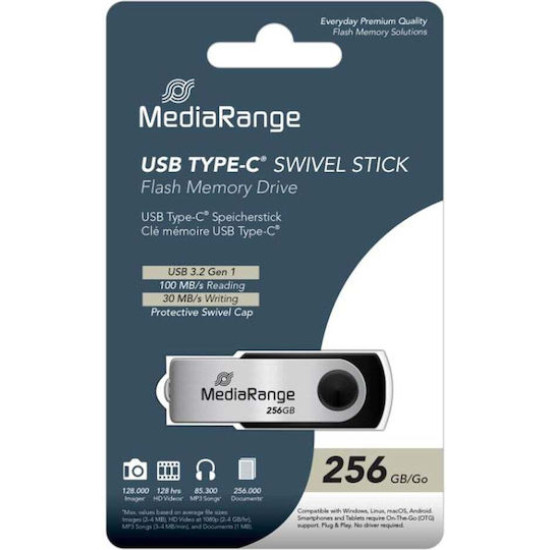 Φλασάκι Flash Drive MediaRange MR1955 256GB Type-C 3.2 - Μαύρο / Ασημί Κάρτες Μνήμης και Φλασάκια USB