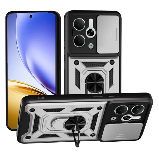 Υβριδική Θήκη με Πορτάκι Κάμερας και Δαχτυλίδι Κρατήματος για Realme 14 5G / P3 5G - Ασημί Oppo Realme Θήκες Κινητών