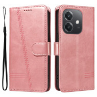 For Oppo A5x 5G / A3x 4G / 5G (India) / A3 4G / 5G / A60 5G / A40 4G / A40M 4G Case Flip Wallet T-Shape Lines Leather Phone Cover - Rose Gold