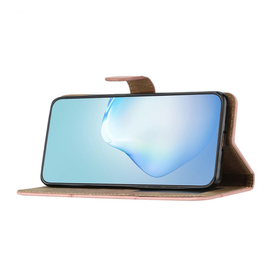 Θήκη Πορτοφόλι με Βάση Στήριξης Σχέδιο Γραμμές για Motorola Moto G55 5G - Ροζέ Χρυσαφί Motorola Θήκες Κινητών