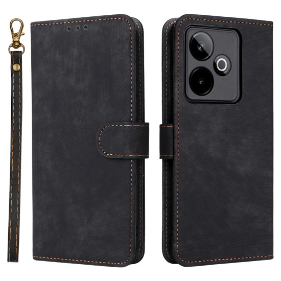 For Realme GT 7 5G Case Wallet RFID Blocking PU Leather Phone Cover Stand with Strap - Black Oppo Realme Cases Mobile