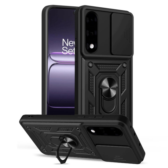 For OnePlus Nord 5 5G Case with Slide Camera Lid PC + TPU Kickstand Phone Cover - Black OnePlus Mobile Cases
