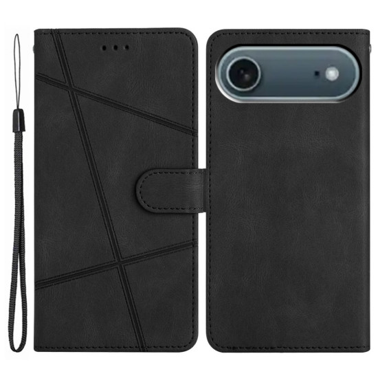 For iPhone 17 Air Wallet Case Line Imprinted Skin-Touch Leather Flip Phone Cover - Black Apple Cases Mobile