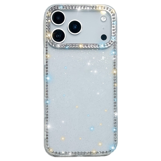 For iPhone 17 Pro Max Case Rhinestone Edge Glitter Back TPU + PC IMD Phone Cover - Glitter Transparent Apple Cases Mobile