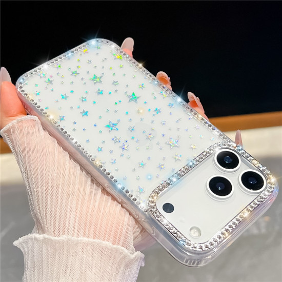 For iPhone 17 Pro Max Case Rhinestone Edge Glitter Back TPU + PC IMD Phone Cover - Glitter Transparent Apple Cases Mobile