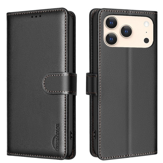 For iPhone 17 Pro Max Leather Case BINFEN COLOR BF32 Wallet RFID Blocking Phone Cover - Black Apple Cases Mobile