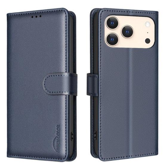 For iPhone 17 Pro Max Leather Case BINFEN COLOR BF32 Wallet RFID Blocking Phone Cover - Blue Apple Cases Mobile