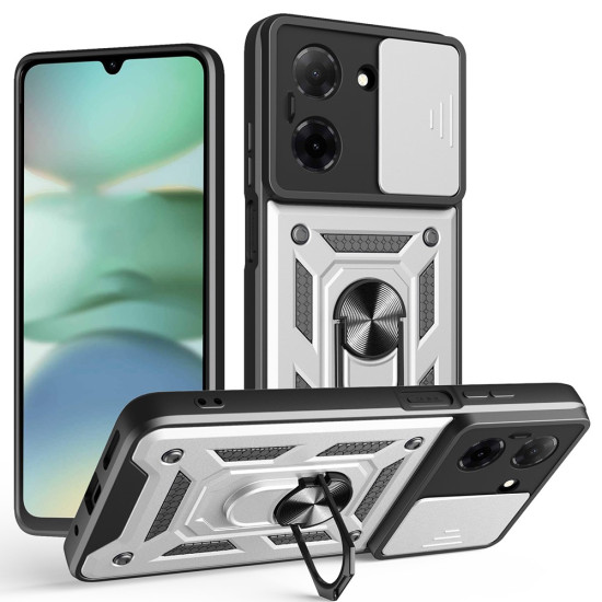 For Xiaomi Redmi A5 4G (171.7mm)  /  Poco C71 4G Case with Slide Camera Lid PC + TPU Kickstand Phone Cover - Silver XIAOMI Cases Mobile