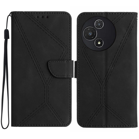 For TCL 60R 5G Case Skin Touch Lines Imprinted PU Leather Flip Phone Cover - Black TCL Mobile Cases