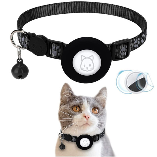 For AirTag Silicone Case Paw Pattern Reflective Pet Collar GPS Tracker Protective Cover with Bell, with Front Back Film Set - Black Gadgets - Toys - Hobby