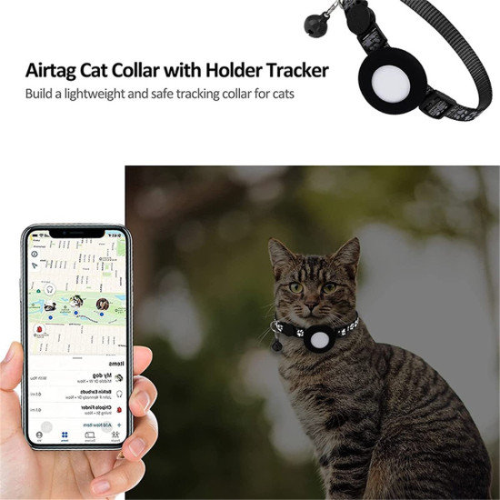 For AirTag Silicone Case Paw Pattern Reflective Pet Collar GPS Tracker Protective Cover with Bell, with Front Back Film Set - Black Gadgets - Toys - Hobby