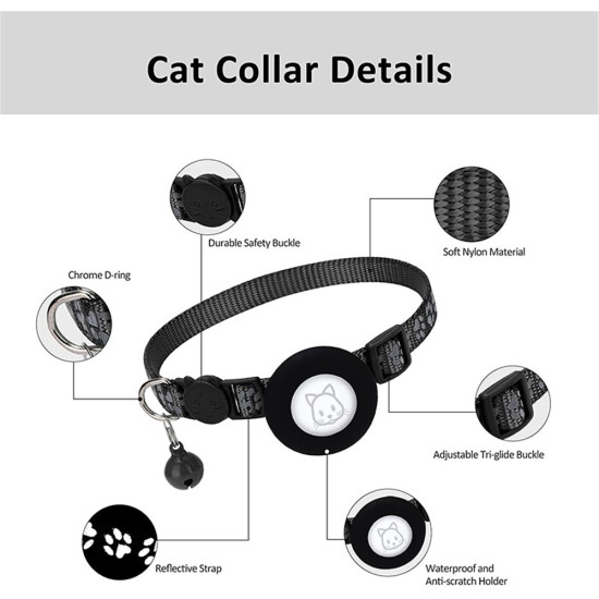 For AirTag Silicone Case Paw Pattern Reflective Pet Collar GPS Tracker Protective Cover with Bell, with Front Back Film Set - Black Gadgets - Toys - Hobby