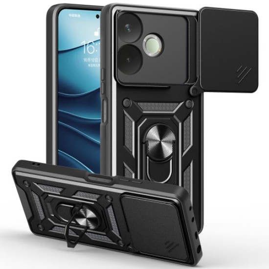 PC + TPU Case For Oppo A5 Pro 4G (Global) / 5G (Global) / A5 Energy 5G (China) Kickstand Phone Cover with Slide Camera Lid - Black Oppo Realme Cases Mobile