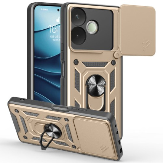 PC + TPU Case For Oppo A5 Pro 4G (Global) / 5G (Global) / A5 Energy 5G (China) Kickstand Phone Cover with Slide Camera Lid - Gold Oppo Realme Cases Mobile