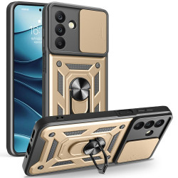 For Samsung Galaxy A26 5G Case with Slide Camera Lid PC+TPU Kickstand Phone Cover - Gold For Samsung Galaxy A26 5G Case with Slide Camera Lid PC+TPU Kickstand Phone Cover - Gold