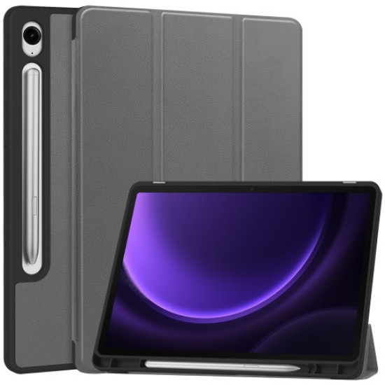 For Samsung Galaxy Tab S10 FE / S9 FE / Tab S9 Smart Case PU Leather+TPU Trifold Stand Tablet Cover with Pencil Holder - Grey Samsung Cases Mobile Tablet