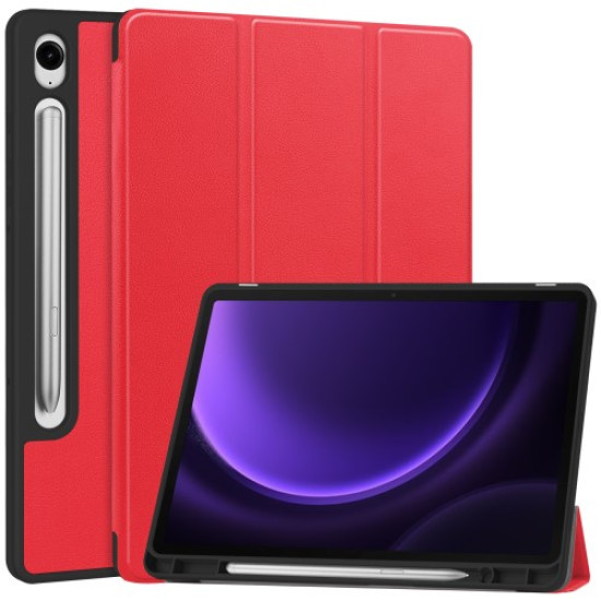 For Samsung Galaxy Tab S10 FE / S9 FE / Tab S9 Smart Case PU Leather+TPU Trifold Stand Tablet Cover with Pencil Holder - Red Samsung Cases Mobile Tablet