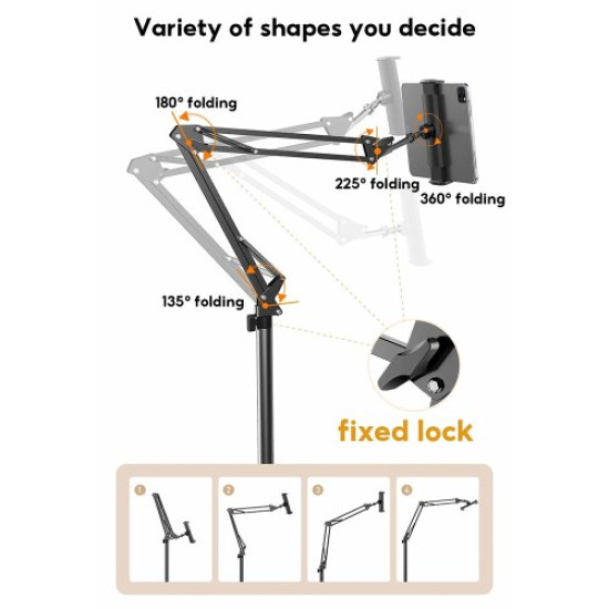 JOPREE L10PRO 1.6m Tablet Floor Stand with Desktop Clip Telescopic for iPhone 16 / 16 Plus / 16 Pro / 16 Pro Max 4 - 13inch Devices - Black