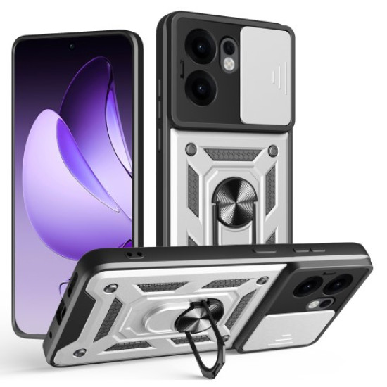 For Oppo Reno13 F 5G Case with Slide Camera Lid PC + TPU Kickstand Phone Cover - Silver Oppo Realme Cases Mobile