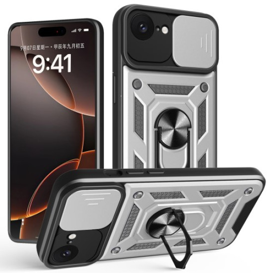 Υβριδική Θήκη με Πορτάκι Κάμερας και Δαχτυλίδι Κρατήματος για iPhone 16e - Ασημί