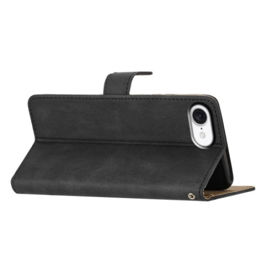 For iPhone 16e Wallet Case Line Imprinted Skin-Touch Leather Flip Phone Cover - Black