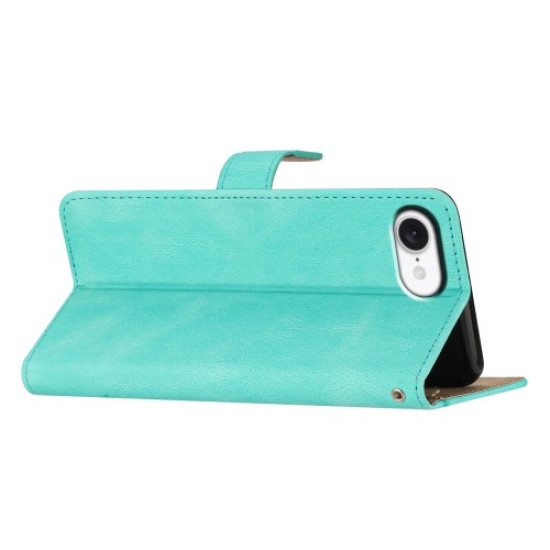 For iPhone 16e Wallet Case Line Imprinted Skin-Touch Leather Flip Phone Cover - Green