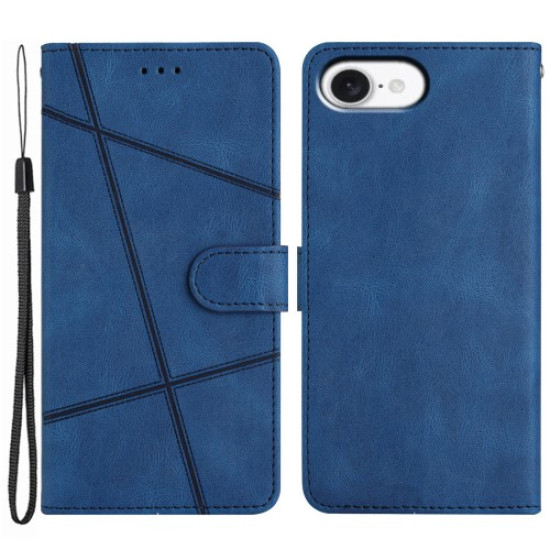 For iPhone 16e Wallet Case Line Imprinted Skin-Touch Leather Flip Phone Cover - Blue