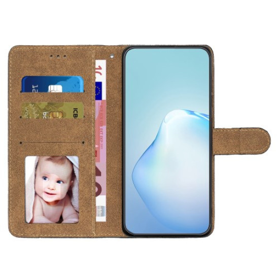 For iPhone 16e Wallet Case Line Imprinted Skin-Touch Leather Flip Phone Cover - Brown