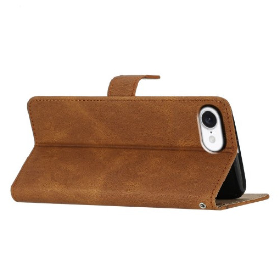 For iPhone 16e Wallet Case Line Imprinted Skin-Touch Leather Flip Phone Cover - Brown