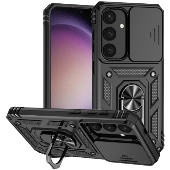 For Samsung Galaxy S25+ Case PC + TPU Phone Cover Lens Ultimate Protection Kickstand - Black