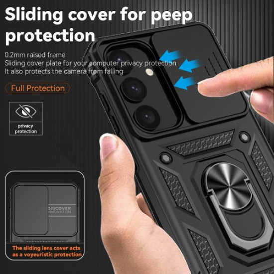 For Samsung Galaxy S25+ Case PC + TPU Phone Cover Lens Ultimate Protection Kickstand - Black