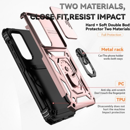 For Samsung Galaxy S25+ Case PC + TPU Phone Cover Lens Ultimate Protection Kickstand - Rose Gold