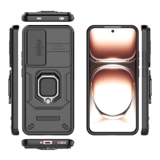 For Oppo Reno12 5G (Global) Case Kickstand PC+TPU Phone Shell with Lens Cover - Black