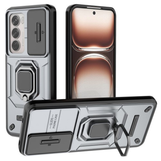 For Oppo Reno12 5G (Global) Case Kickstand PC+TPU Phone Shell with Lens Cover - Grey