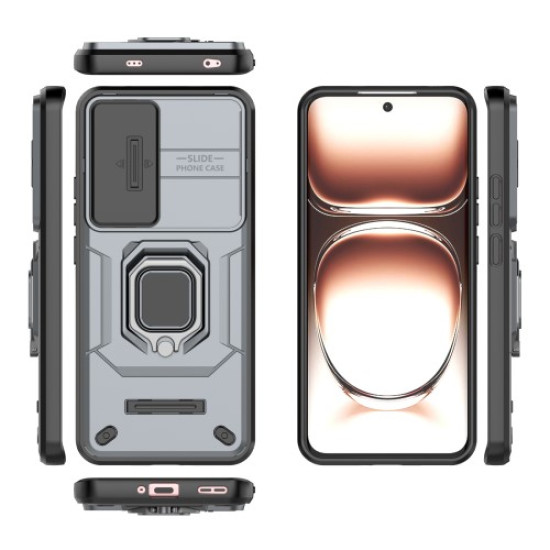 For Oppo Reno12 5G (Global) Case Kickstand PC+TPU Phone Shell with Lens Cover - Grey