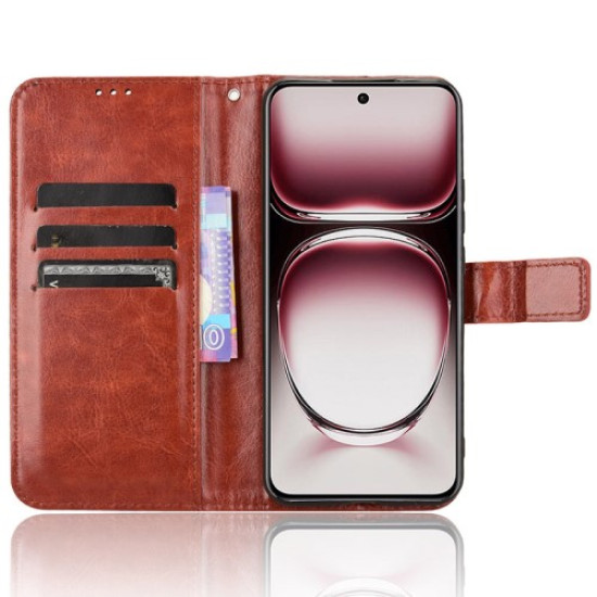 For Oppo Reno12 5G (Global) Case Crazy Horse Texture Leather Folio Flip Cover - Brown