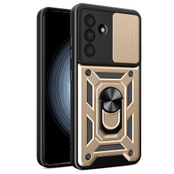 For Samsung Galaxy A56 5G Case with Slide Camera Lid PC+TPU Kickstand Phone Cover - Gold For Samsung Galaxy A56 5G Case with Slide Camera Lid PC+TPU Kickstand Phone Cover - Gold