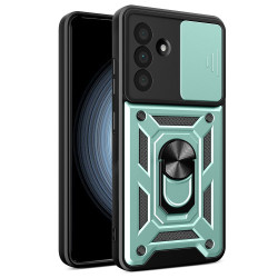 For Samsung Galaxy A56 5G Case with Slide Camera Lid PC+TPU Kickstand Phone Cover - Green For Samsung Galaxy A56 5G Case with Slide Camera Lid PC+TPU Kickstand Phone Cover - Green